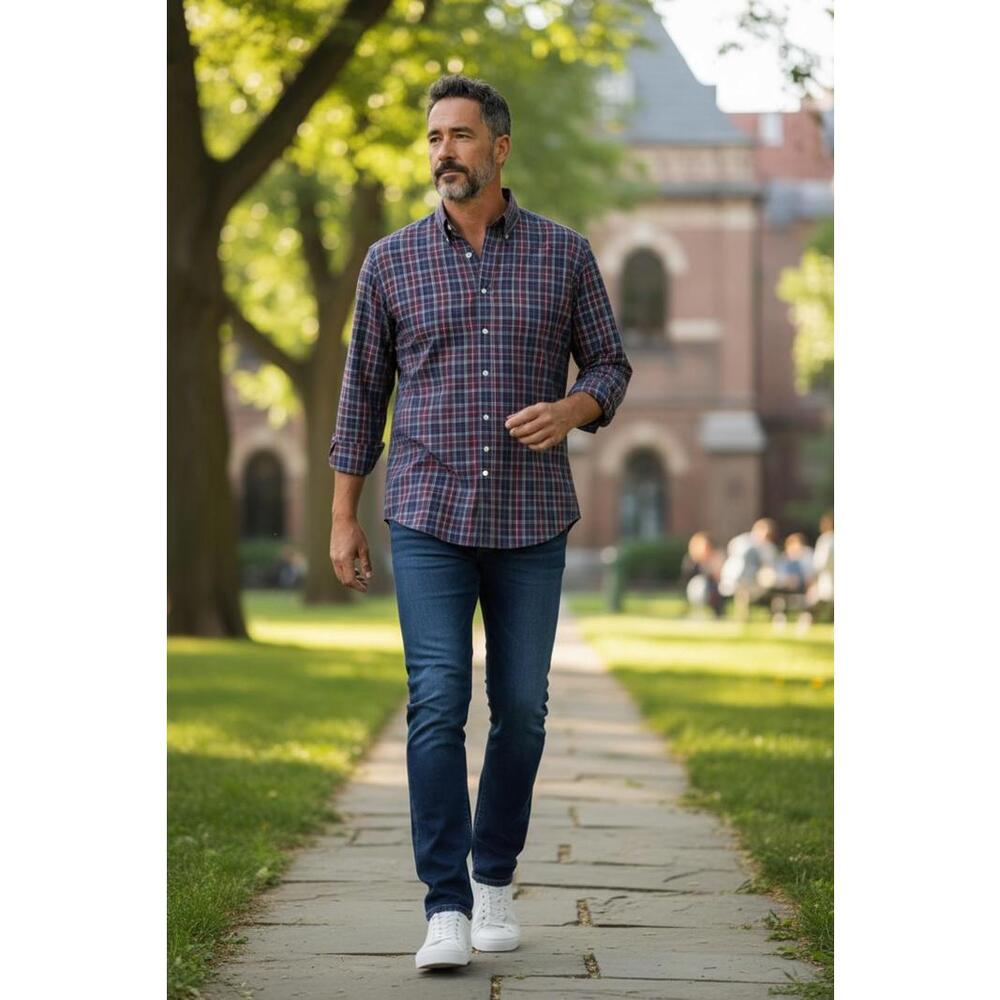 Jos.‎ A. Bank Men's Large Navy and Red Plaid Button-Down Shirt